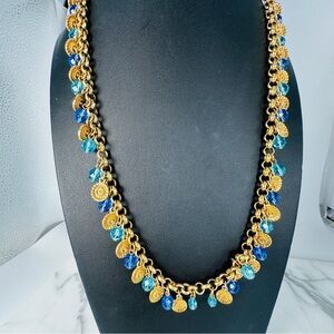 Blue and Aqua Glass Bead and Coin Necklace Rolo Chain Gold Tone 23” Adjustable